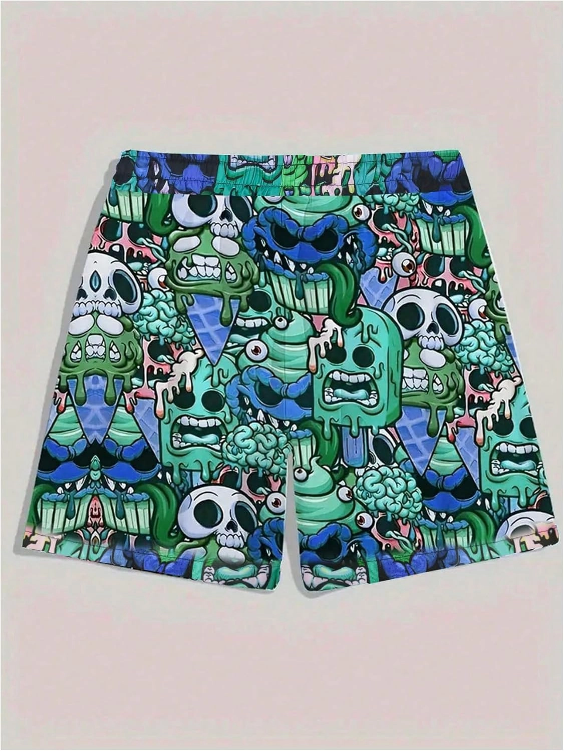 WDIRARA Men's Cartoon Skull Print Swim Trunks Drawstring Elastic Waist Beach Shorts