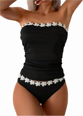 WDIRARA Women's 2 Piece Color Block Tankini Set Bandeau Strapless Ruched Bathing Swimsuit