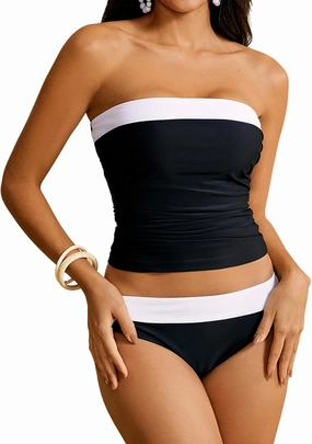 WDIRARA Women's 2 Piece Color Block Tankini Set Bandeau Strapless Ruched Bathing Swimsuit