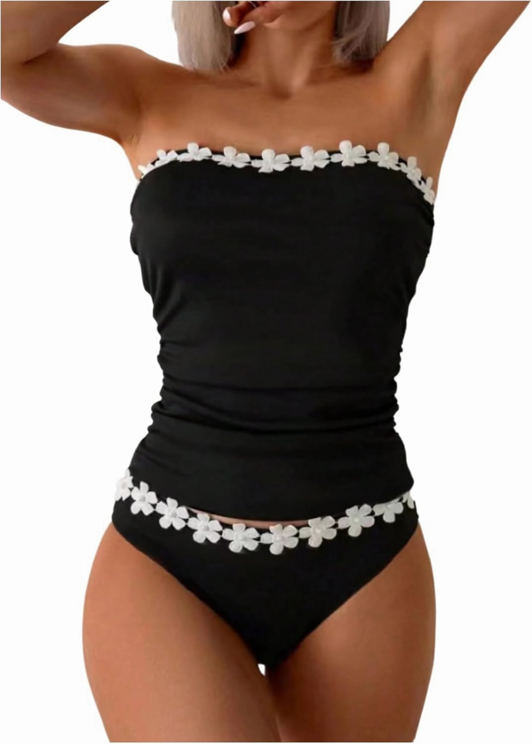 WDIRARA Women's 2 Piece Color Block Tankini Set Bandeau Strapless Ruched Bathing Swimsuit