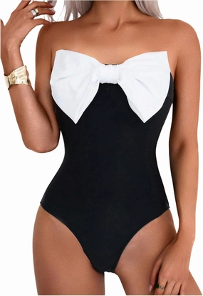 WDIRARA Women's Bowknot Strapless One Piece Swimsuit Colorblock Bandeau Bathing Suit with Removable Strap