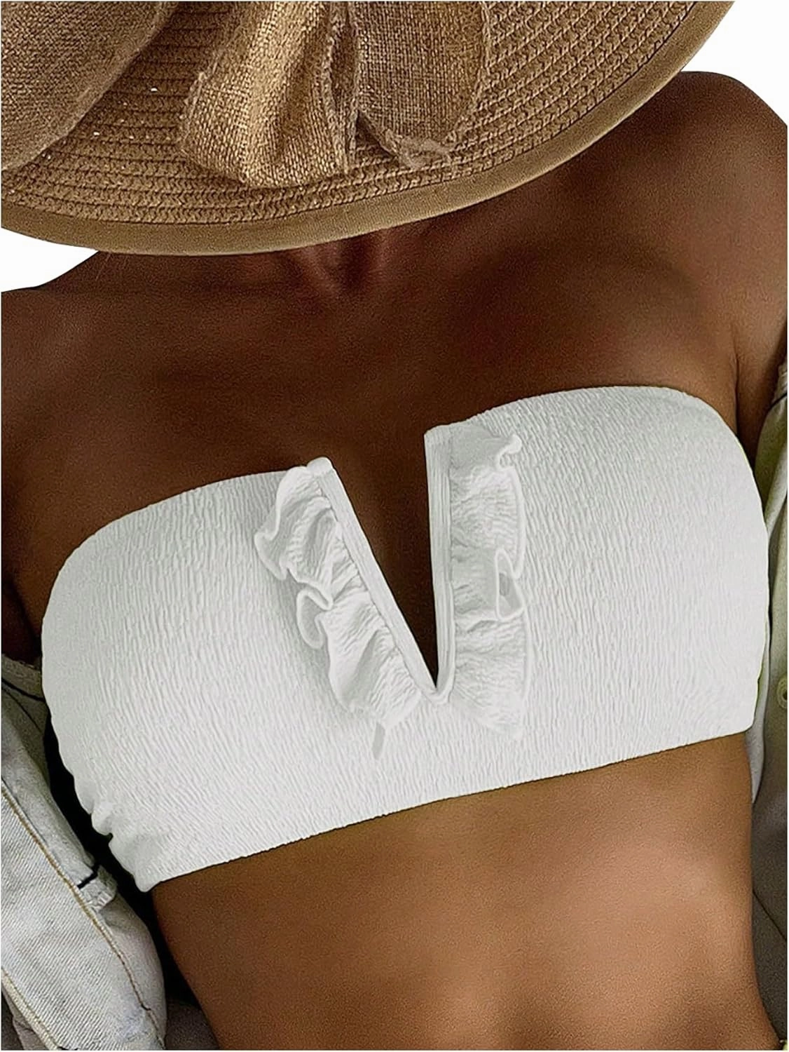 WDIRARA Women's Ruffle Notched Neck Lace Up Smocked Swim Tops Bandeau Bikini Top Strapless Solid Padded Bathing Suit Top