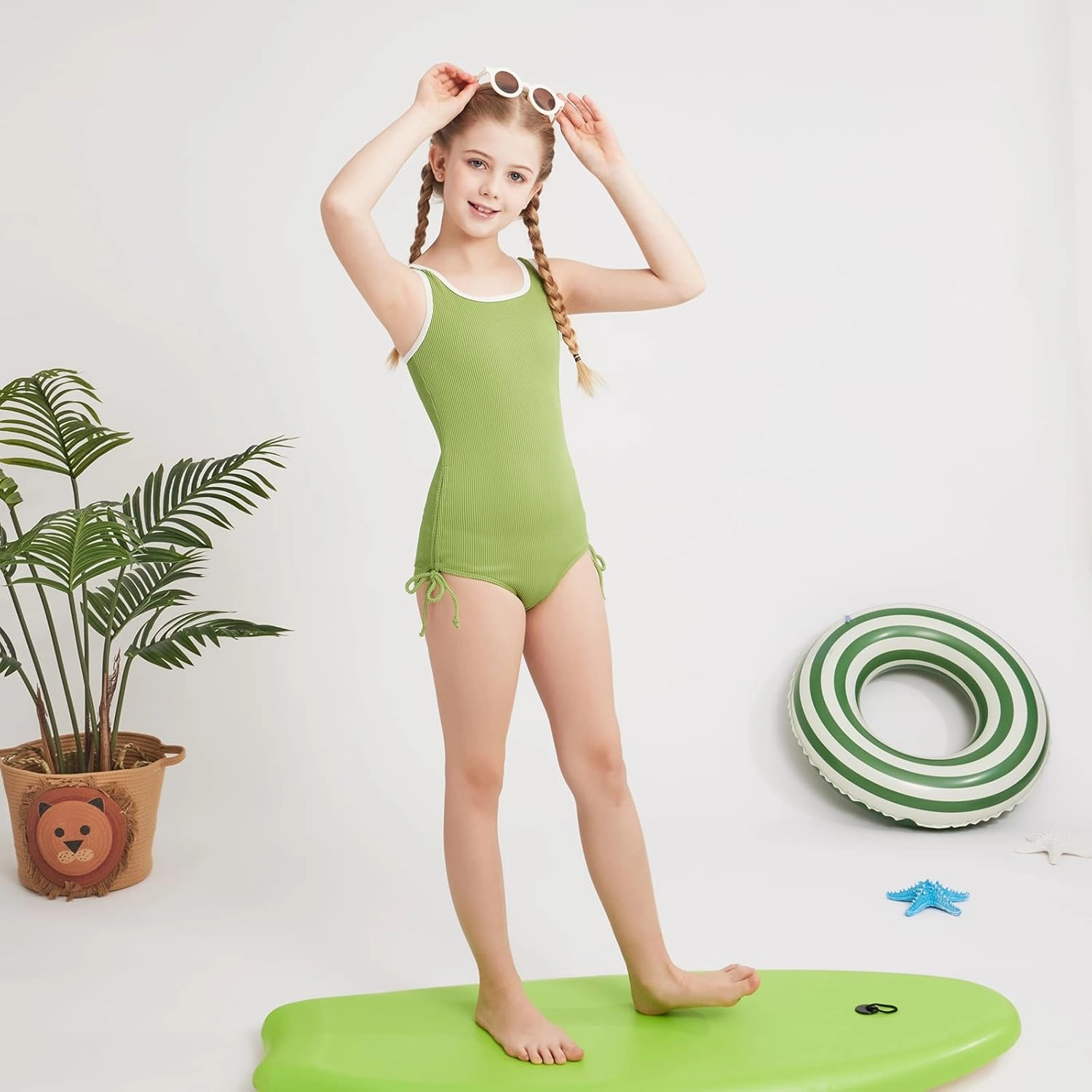 Weixinbuy Girls Swimsuit Ribbed Bathing Suit for Girls Adjustable Strap Color Block Summer Beach One Piece Swimsuit