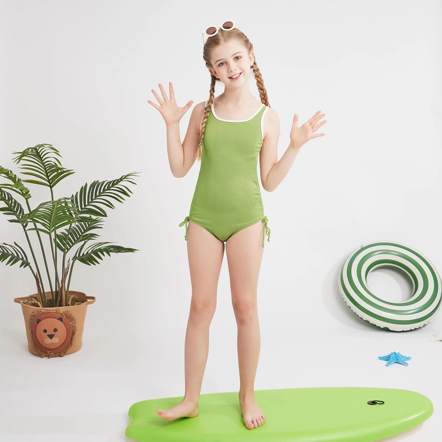 Weixinbuy Girls Swimsuit Ribbed Bathing Suit for Girls Adjustable Strap Color Block Summer Beach One Piece Swimsuit