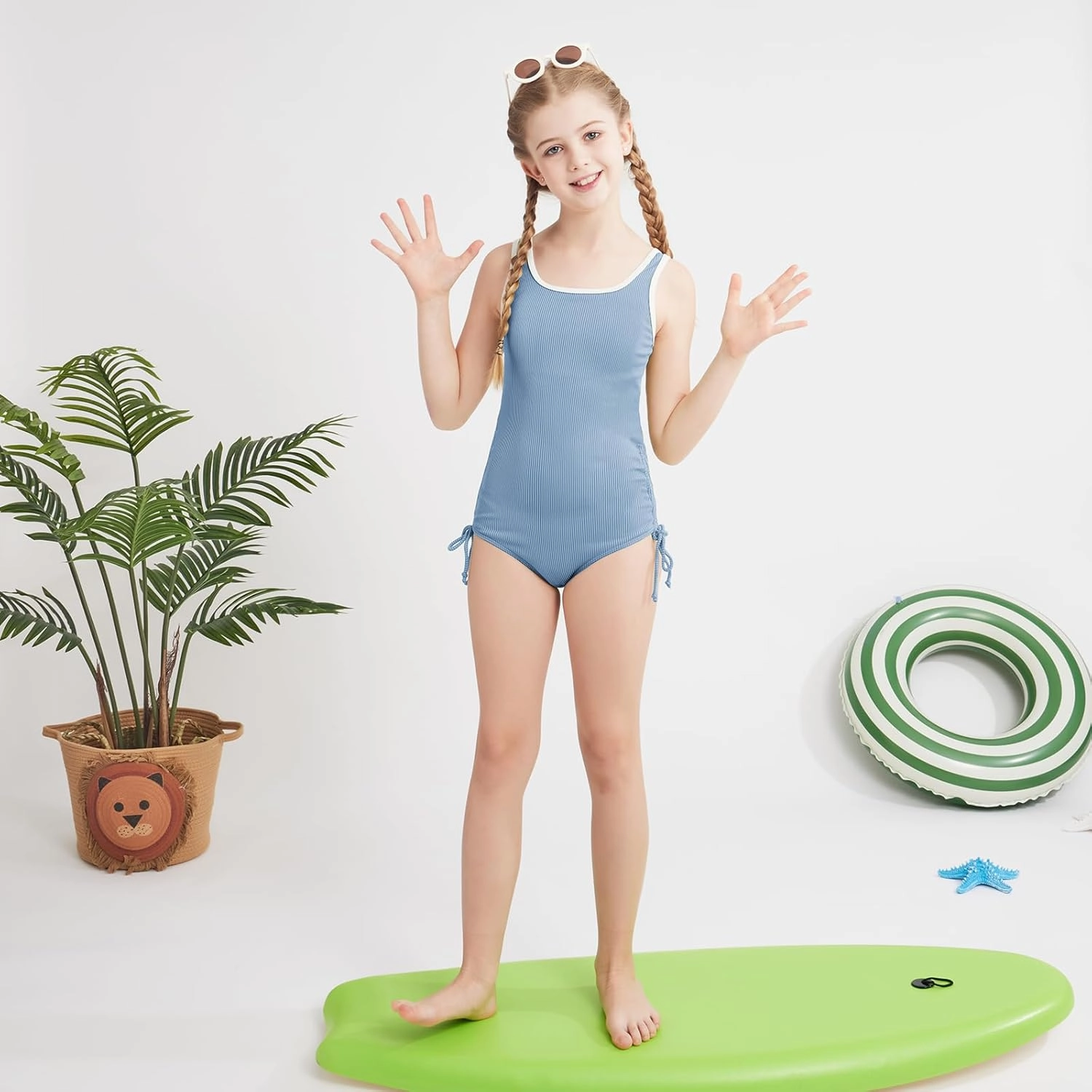 Weixinbuy Girls Swimsuit Ribbed Bathing Suit for Girls Adjustable Strap Color Block Summer Beach One Piece Swimsuit