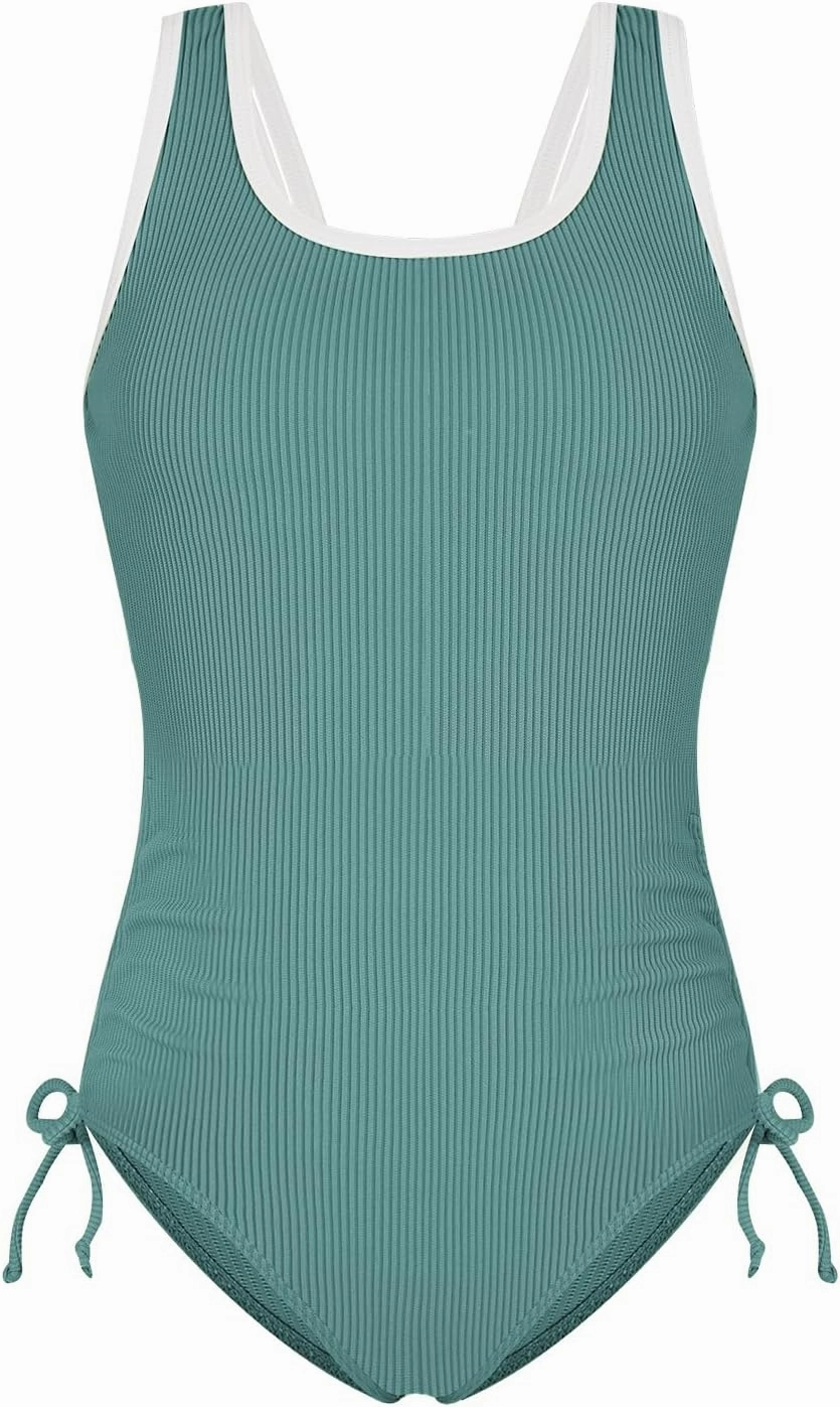 Weixinbuy Girls Swimsuit Ribbed Bathing Suit for Girls Adjustable Strap Color Block Summer Beach One Piece Swimsuit
