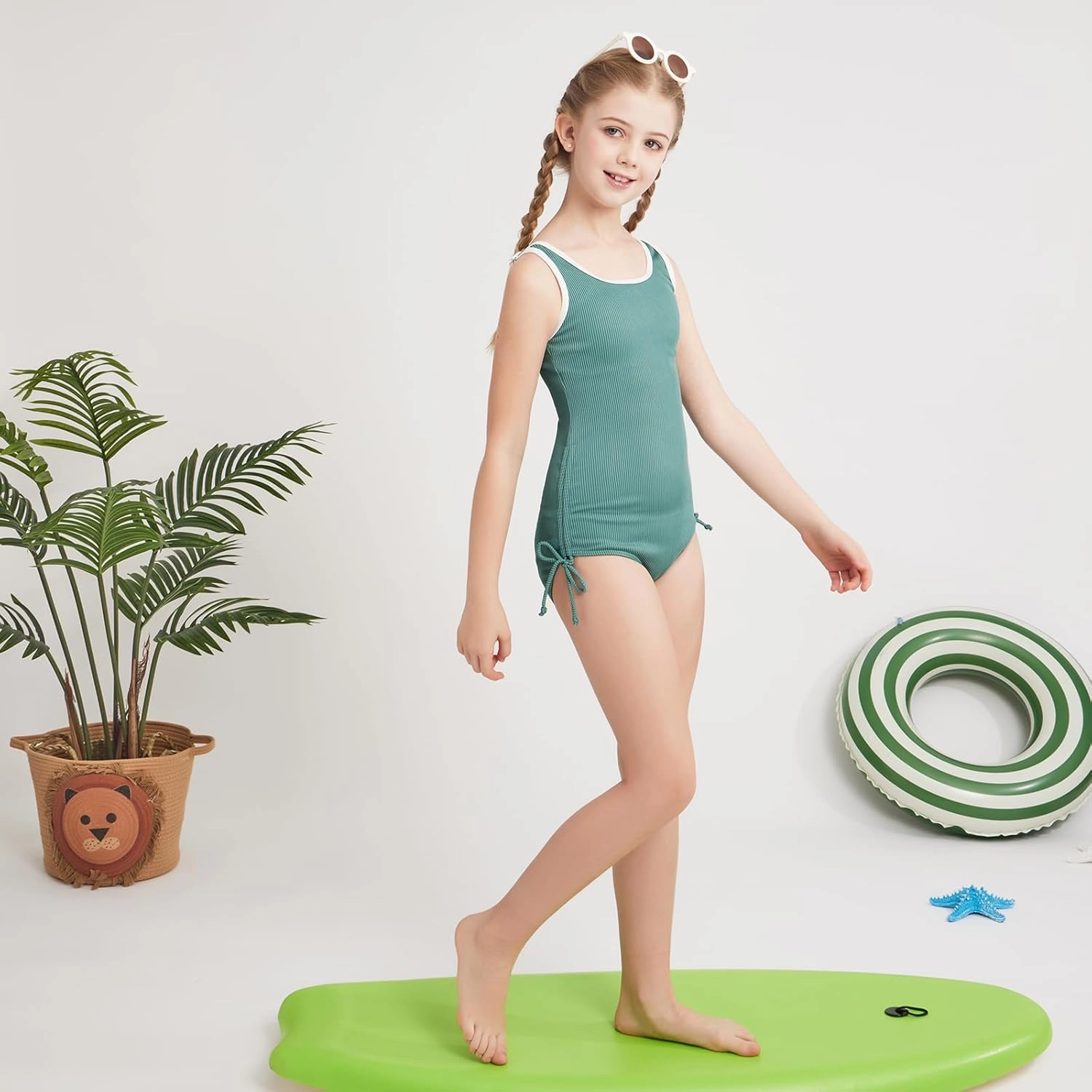 Weixinbuy Girls Swimsuit Ribbed Bathing Suit for Girls Adjustable Strap Color Block Summer Beach One Piece Swimsuit