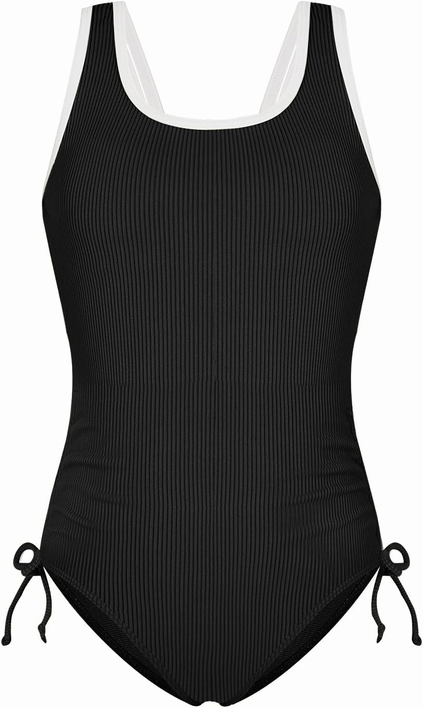 Weixinbuy Girls Swimsuit Ribbed Bathing Suit for Girls Adjustable Strap Color Block Summer Beach One Piece Swimsuit