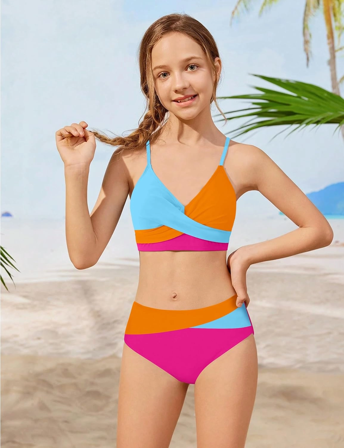 WIQI Girls Swimsuit Bikini Set 2 Piece Bathing Suits Color Block Criss Cross Swimwear Size 9-16