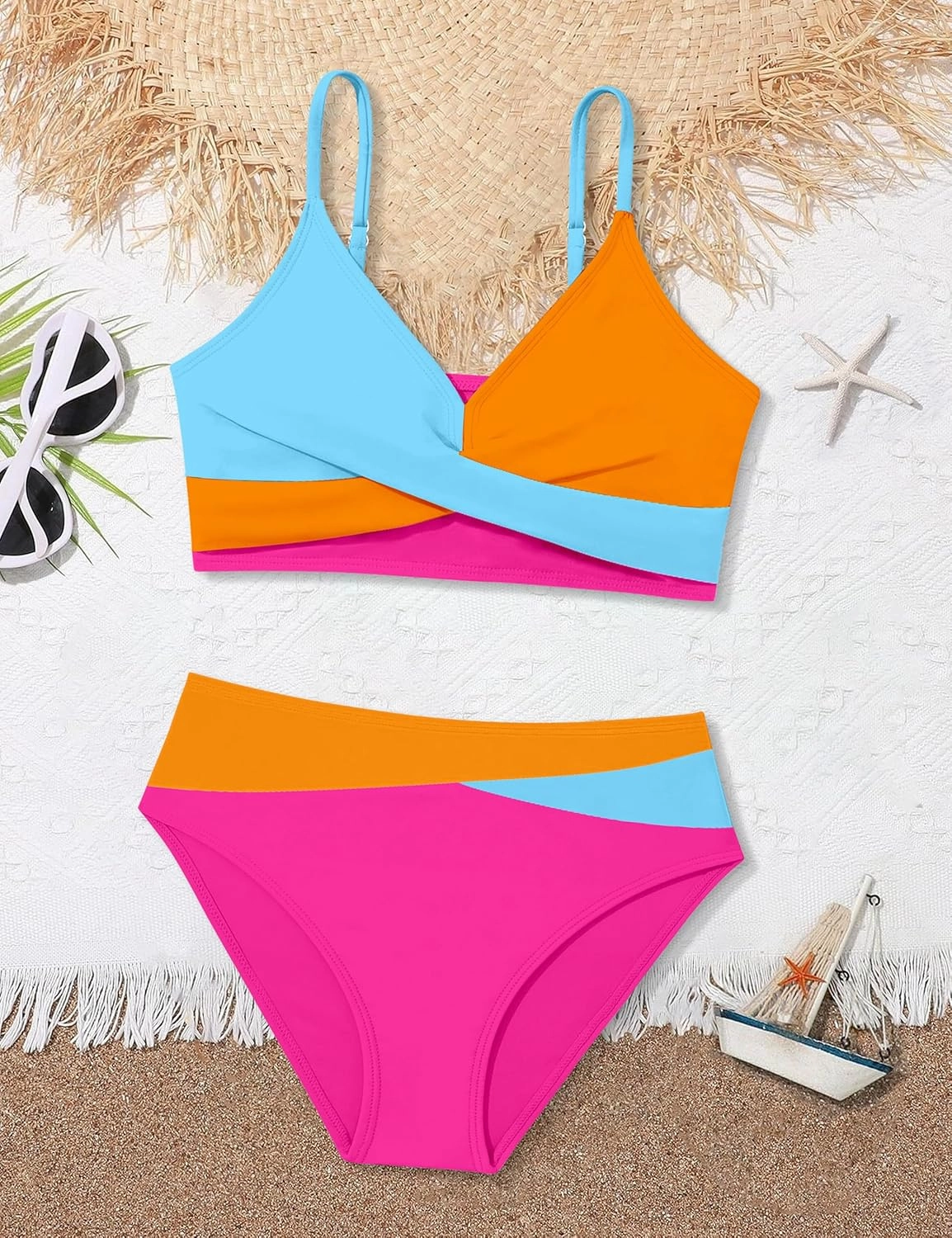 WIQI Girls Swimsuit Bikini Set 2 Piece Bathing Suits Color Block Criss Cross Swimwear Size 9-16