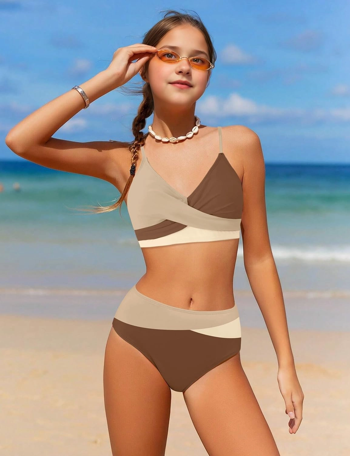 WIQI Girls Swimsuit Bikini Set 2 Piece Bathing Suits Color Block Criss Cross Swimwear Size 9-16