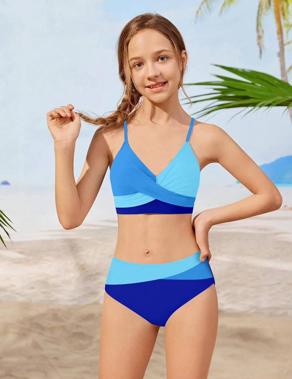 WIQI Girls Swimsuit Bikini Set 2 Piece Bathing Suits Color Block Criss Cross Swimwear Size 9-16