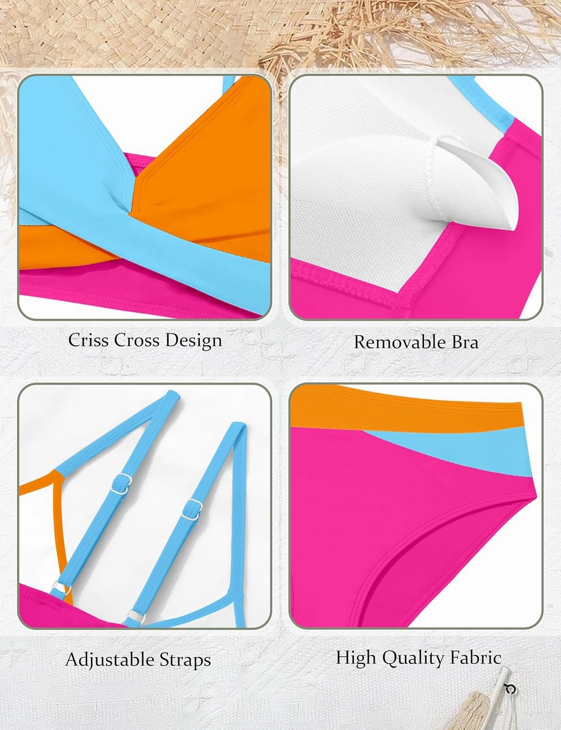 WIQI Girls Swimsuit Bikini Set 2 Piece Bathing Suits Color Block Criss Cross Swimwear Size 9-16