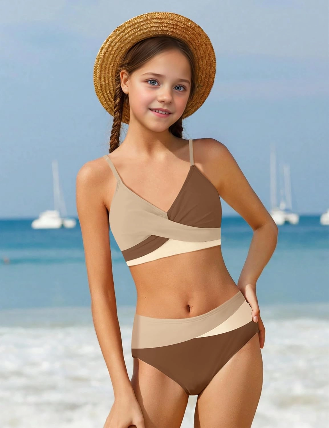 WIQI Girls Swimsuit Bikini Set 2 Piece Bathing Suits Color Block Criss Cross Swimwear Size 9-16