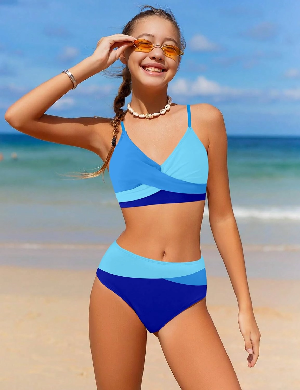 WIQI Girls Swimsuit Bikini Set 2 Piece Bathing Suits Color Block Criss Cross Swimwear Size 9-16