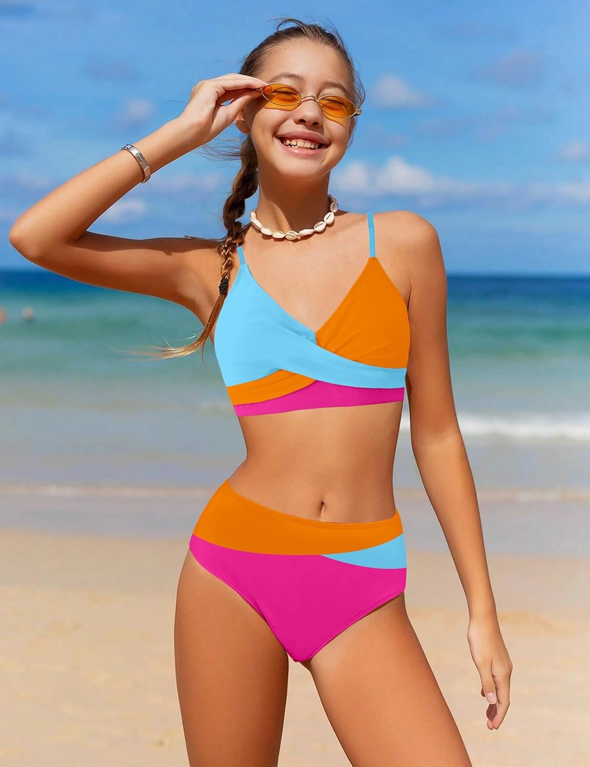 WIQI Girls Swimsuit Bikini Set 2 Piece Bathing Suits Color Block Criss Cross Swimwear Size 9-16
