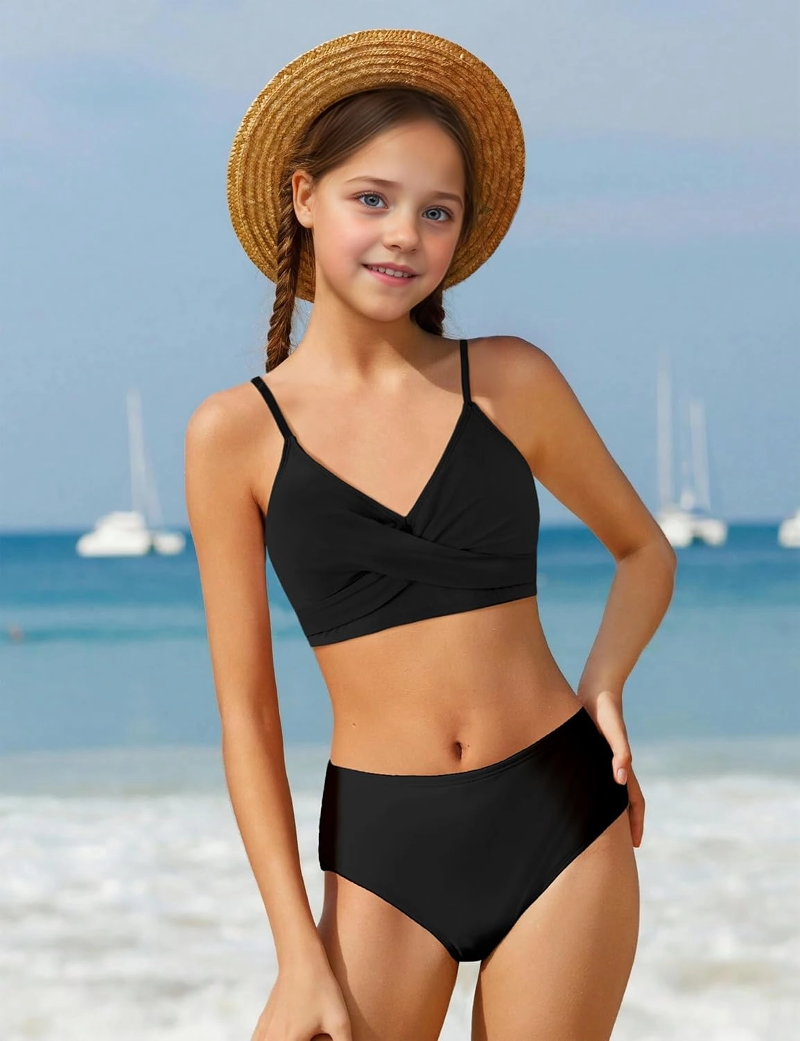 WIQI Girls Swimsuit Bikini Set 2 Piece Bathing Suits Color Block Criss Cross Swimwear Size 9-16