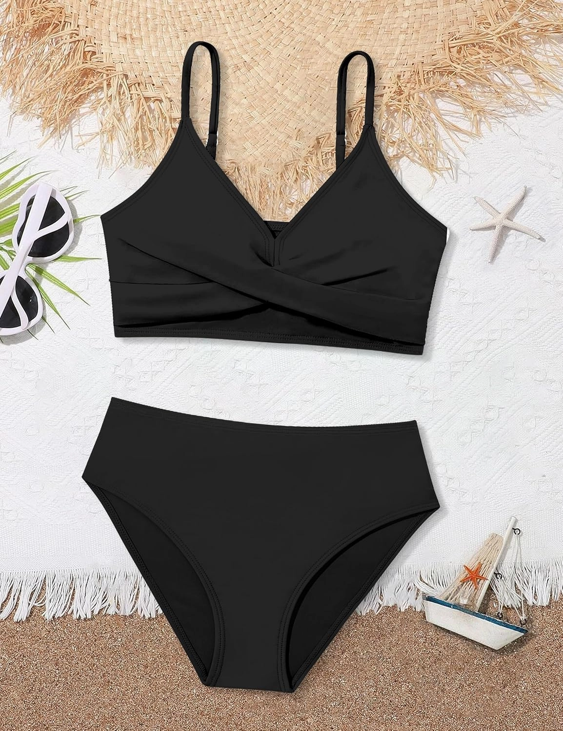 WIQI Girls Swimsuit Bikini Set 2 Piece Bathing Suits Color Block Criss Cross Swimwear Size 9-16