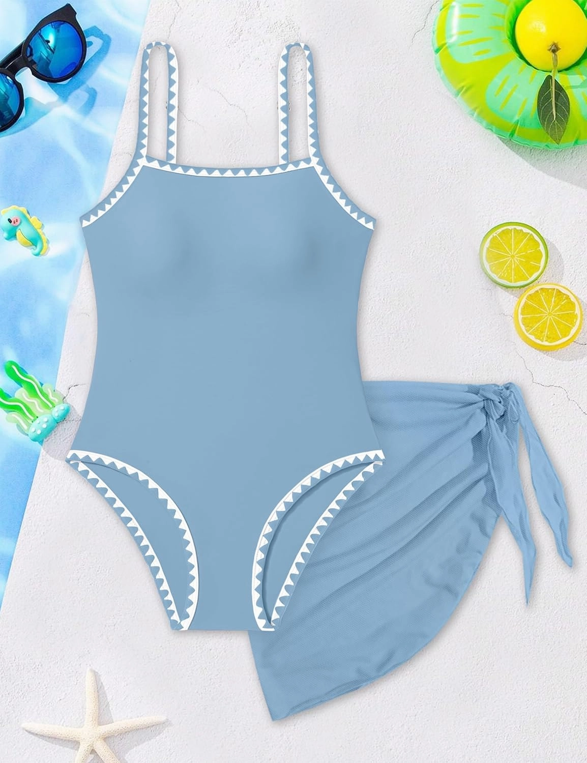 WIQI Girls Swimsuit One Piece Bathing Suit Color Contrast Trim Girls' Swimwear with Cover Up Skirt Size 9-16