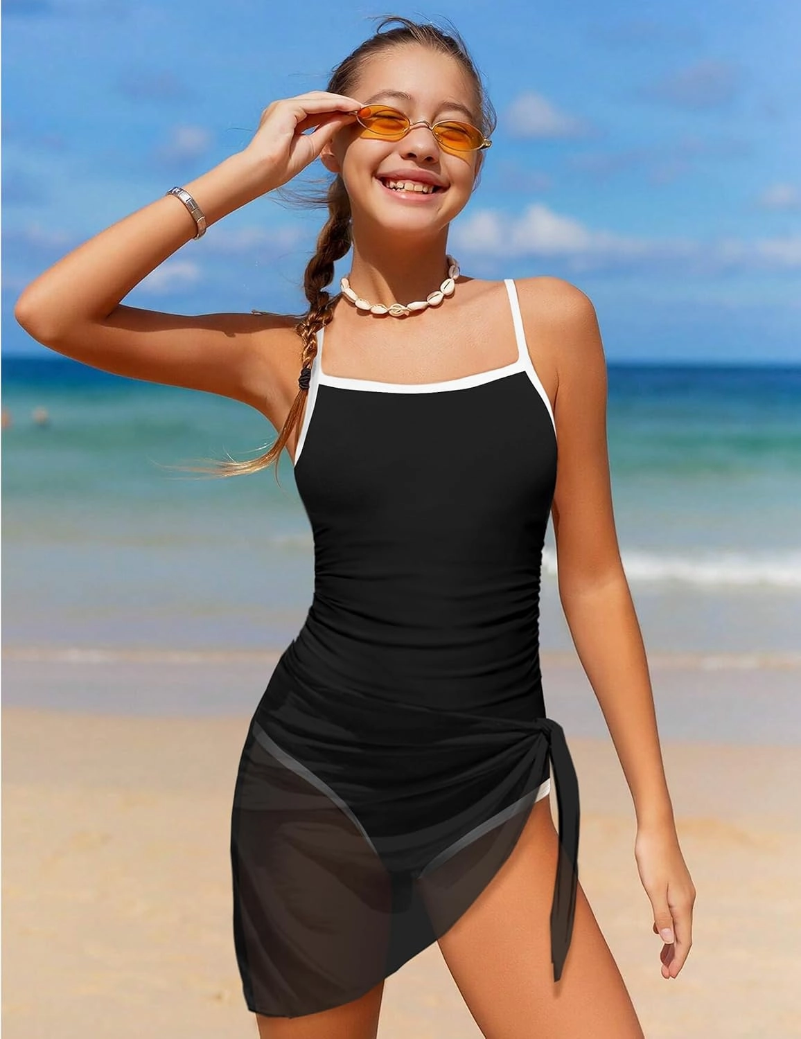 WIQI Girls Swimsuit One Piece Bathing Suit Color Contrast Trim Girls' Swimwear with Cover Up Skirt Size 9-16