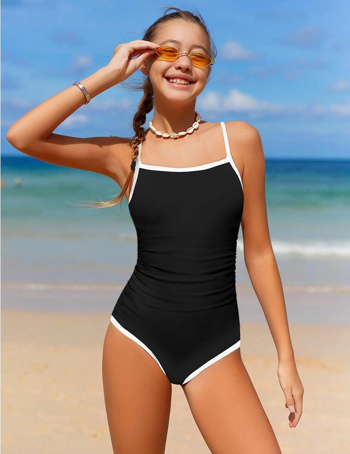 WIQI Girls Swimsuit One Piece Bathing Suit Color Contrast Trim Girls' Swimwear with Cover Up Skirt Size 9-16