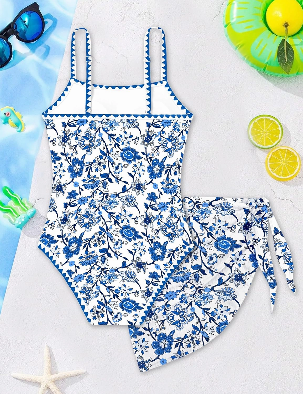 WIQI Girls Swimsuit One Piece Bathing Suit Color Contrast Trim Girls' Swimwear with Cover Up Skirt Size 9-16