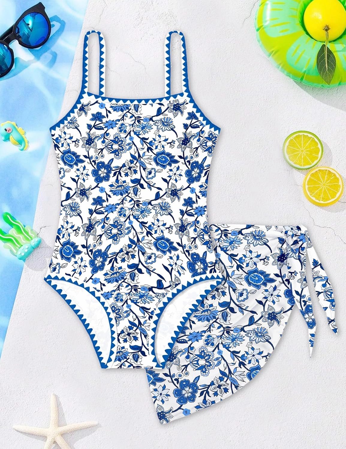 WIQI Girls Swimsuit One Piece Bathing Suit Color Contrast Trim Girls' Swimwear with Cover Up Skirt Size 9-16
