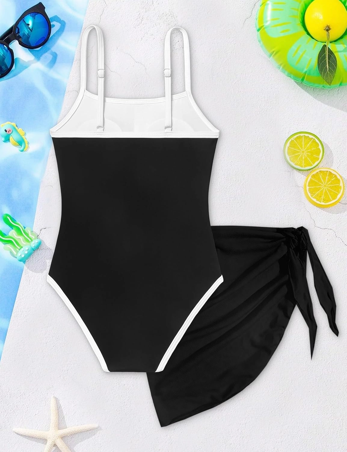 WIQI Girls Swimsuit One Piece Bathing Suit Color Contrast Trim Girls' Swimwear with Cover Up Skirt Size 9-16