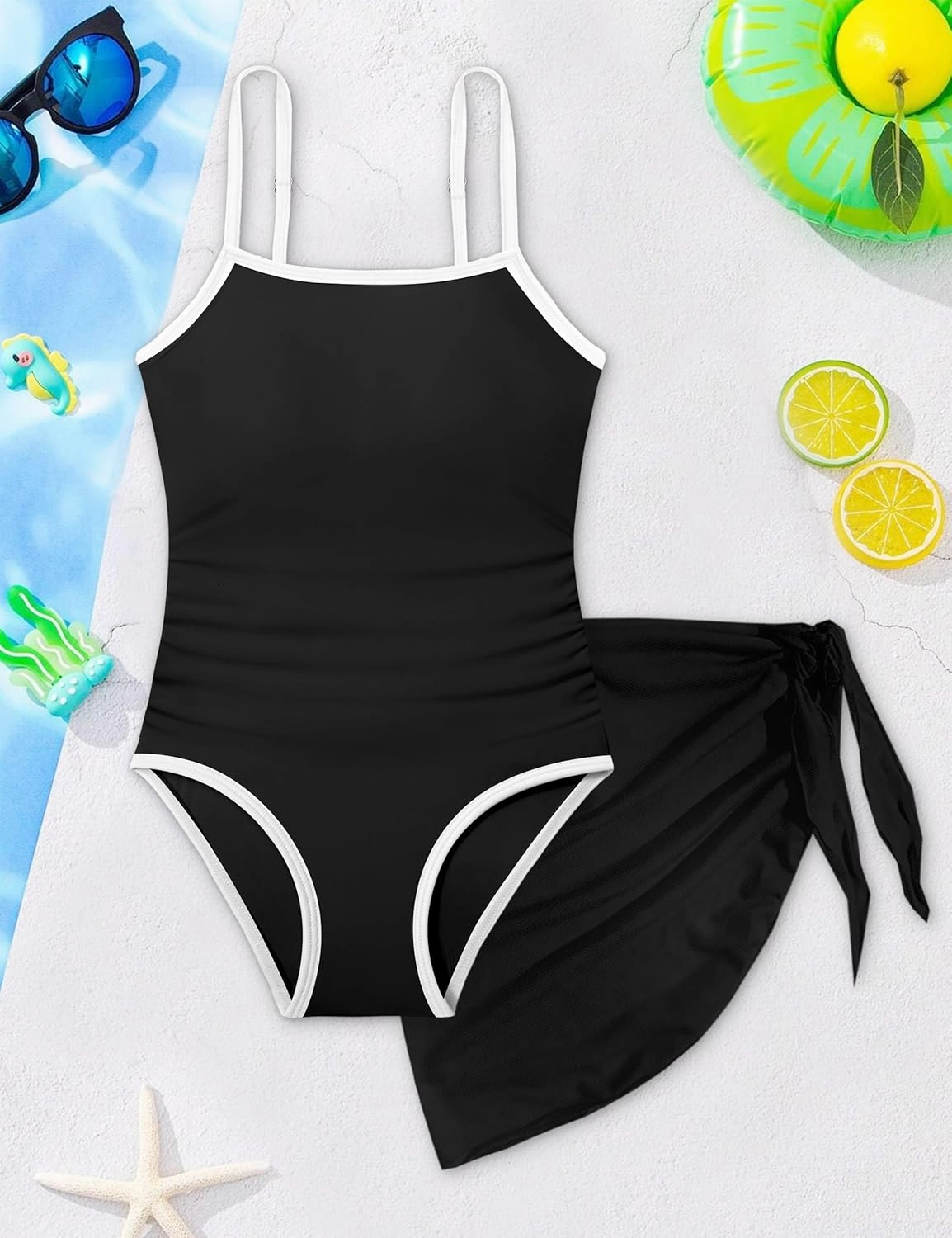 WIQI Girls Swimsuit One Piece Bathing Suit Color Contrast Trim Girls' Swimwear with Cover Up Skirt Size 9-16