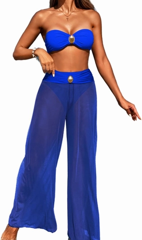 Women 3 Piece Sexy Swimsuit, Bandeau Strapless Bikini Set, Color Block High Waisted Bathing Suit Cover Up Pants Beach