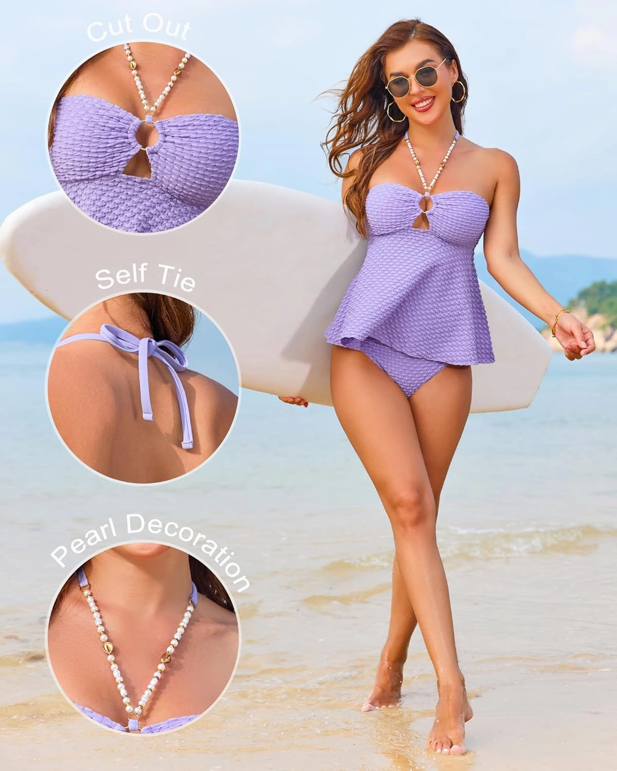 Women Bandeau Swimsuit Two Piece - Tummy Control Bathing Suit Full Coverage High Waisted Bikini Sets Halter Teens