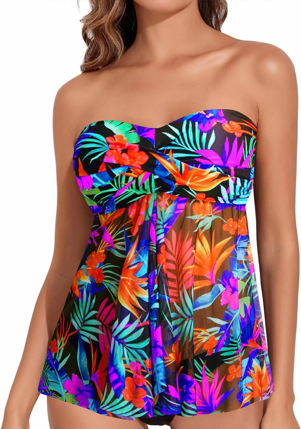 Women Bandeau Tankini Top Only Mesh Strapless Swimsuits Top Halter Flyaway Bathing Suits No Bottom
