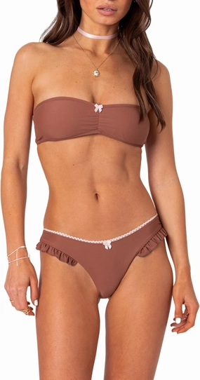 Women Floral Bandeau Bikini Set O Ring Tie Back Strapless 2 Piece Swimsuit Cheeky Thong Batching Suit