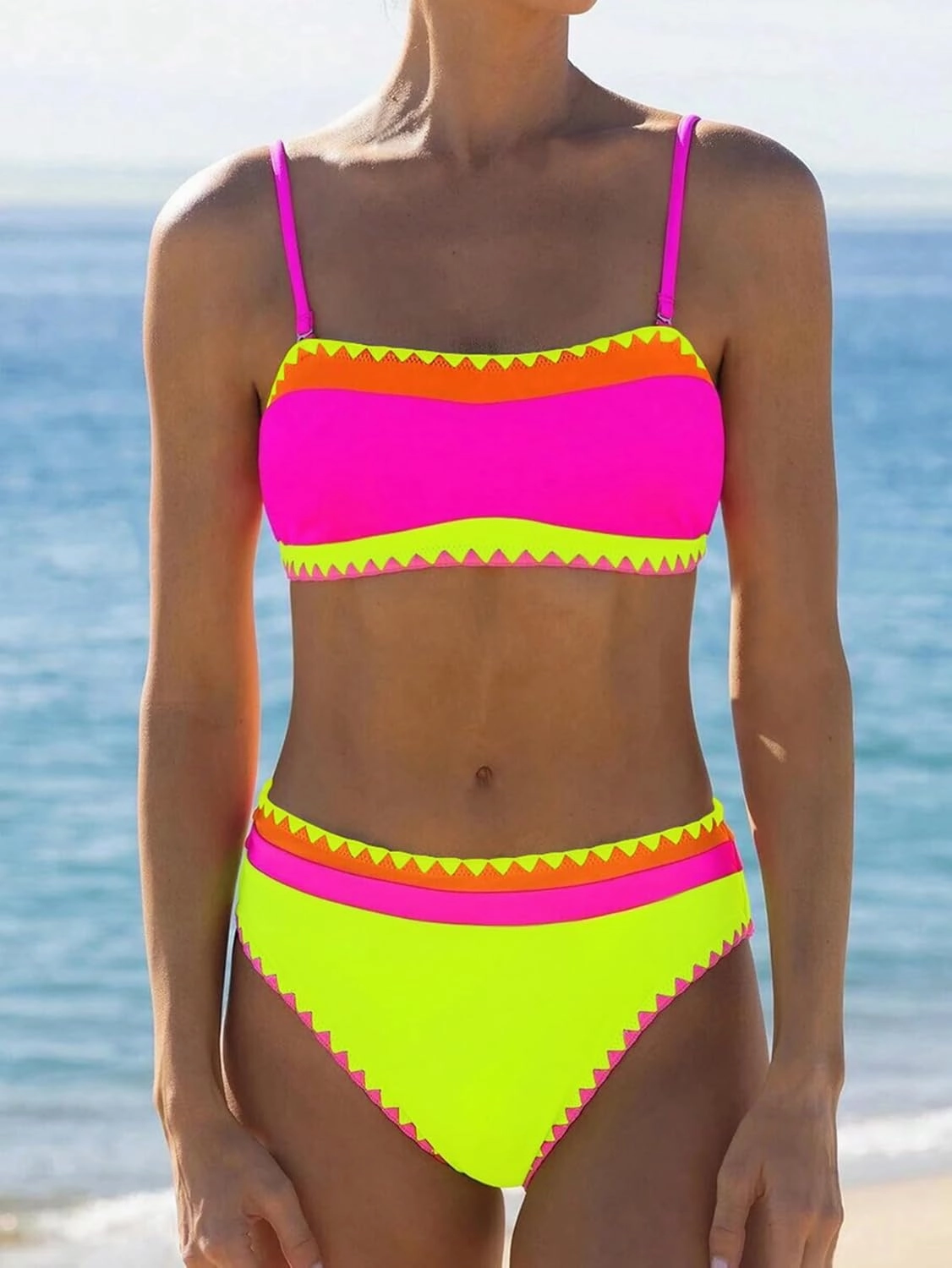 Women's Bandeau Bikini Strapless Bikini Neon Color Block Two Piece Whip Stitch Trim Bathing Suits