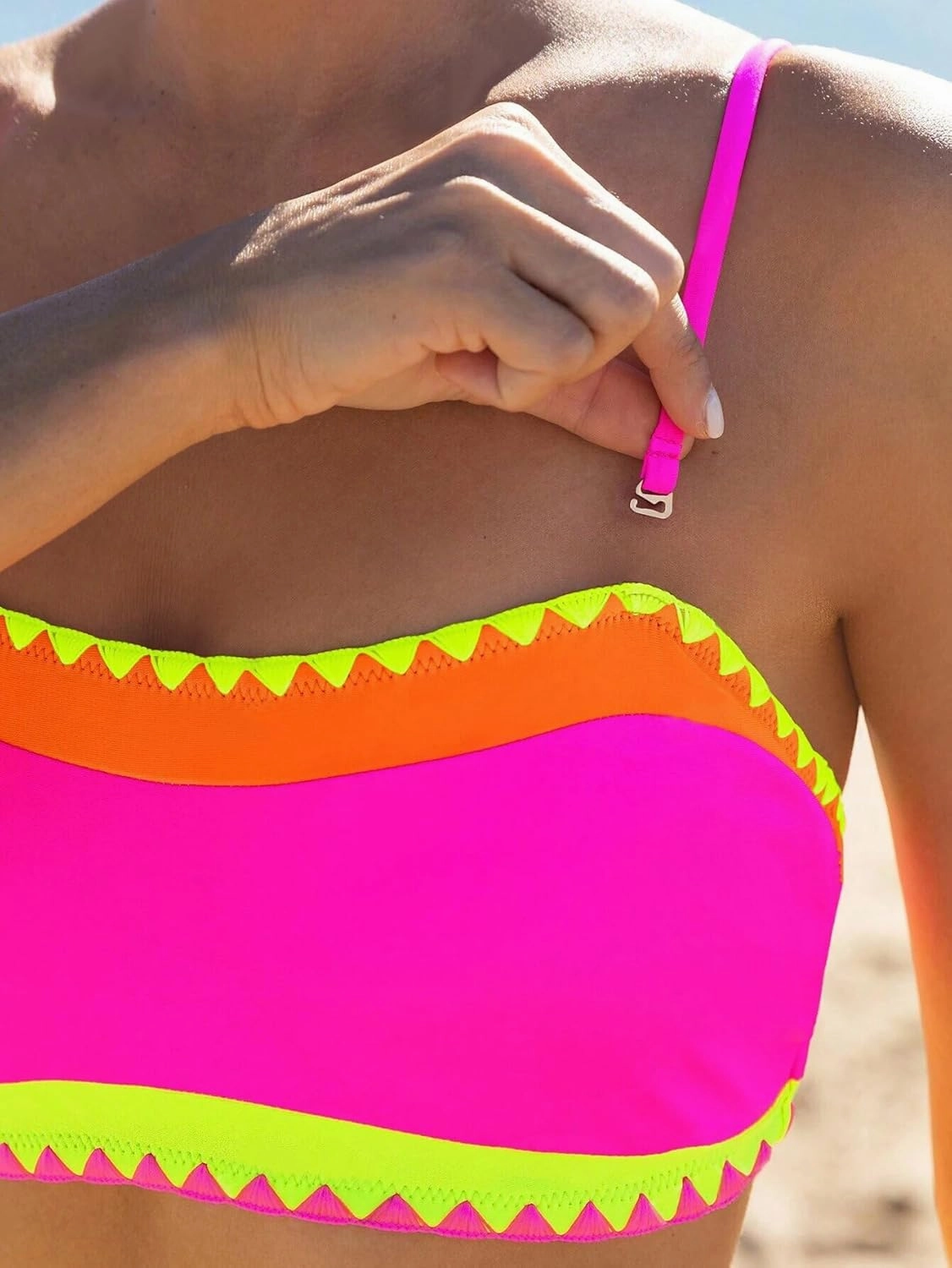 Women's Bandeau Bikini Strapless Bikini Neon Color Block Two Piece Whip Stitch Trim Bathing Suits