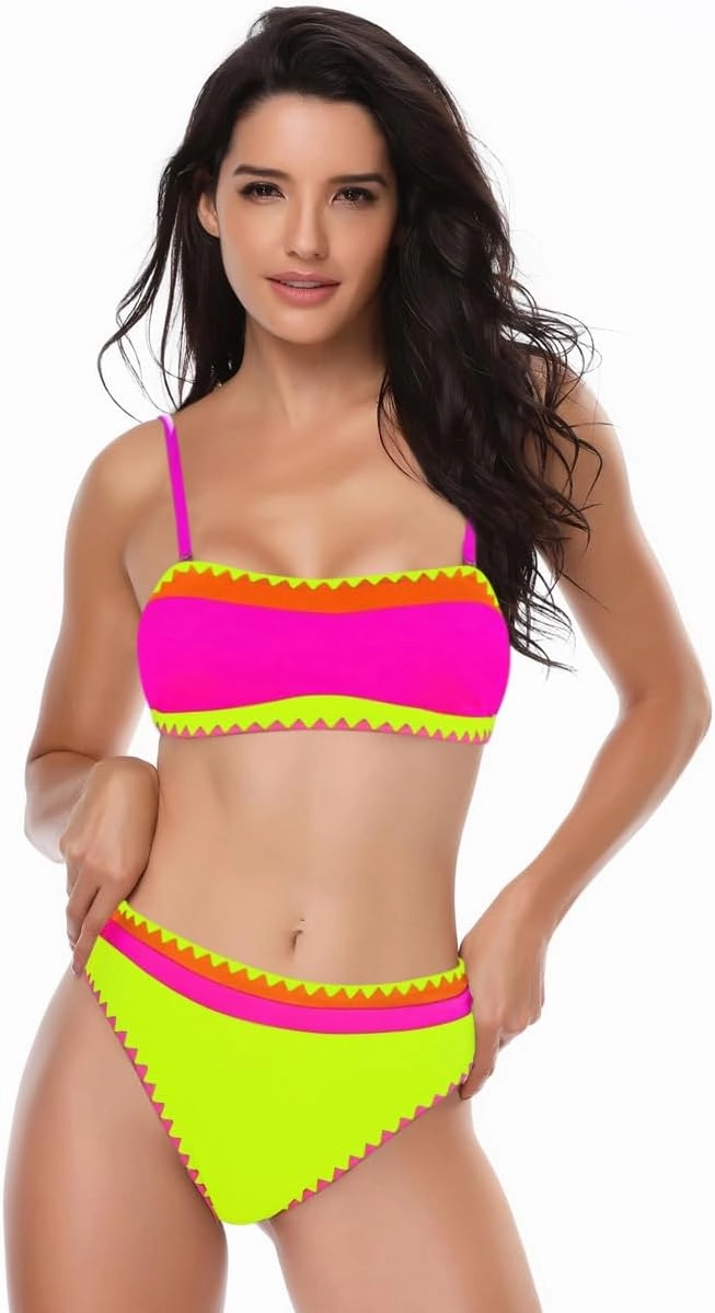 Women's Bandeau Bikini Strapless Bikini Neon Color Block Two Piece Whip Stitch Trim Bathing Suits
