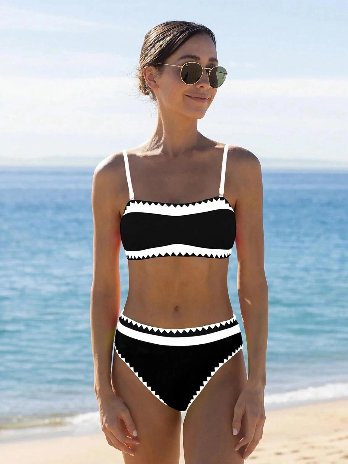 Women's Bandeau Bikini Strapless Bikini Neon Color Block Two Piece Whip Stitch Trim Bathing Suits