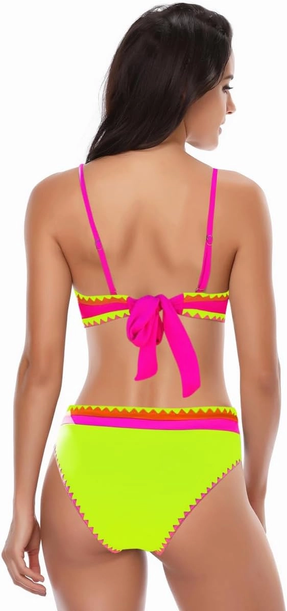 Women's Bandeau Bikini Strapless Bikini Neon Color Block Two Piece Whip Stitch Trim Bathing Suits