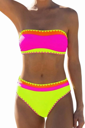 Women's Bandeau Bikini Strapless Bikini Neon Color Block Two Piece Whip Stitch Trim Bathing Suits