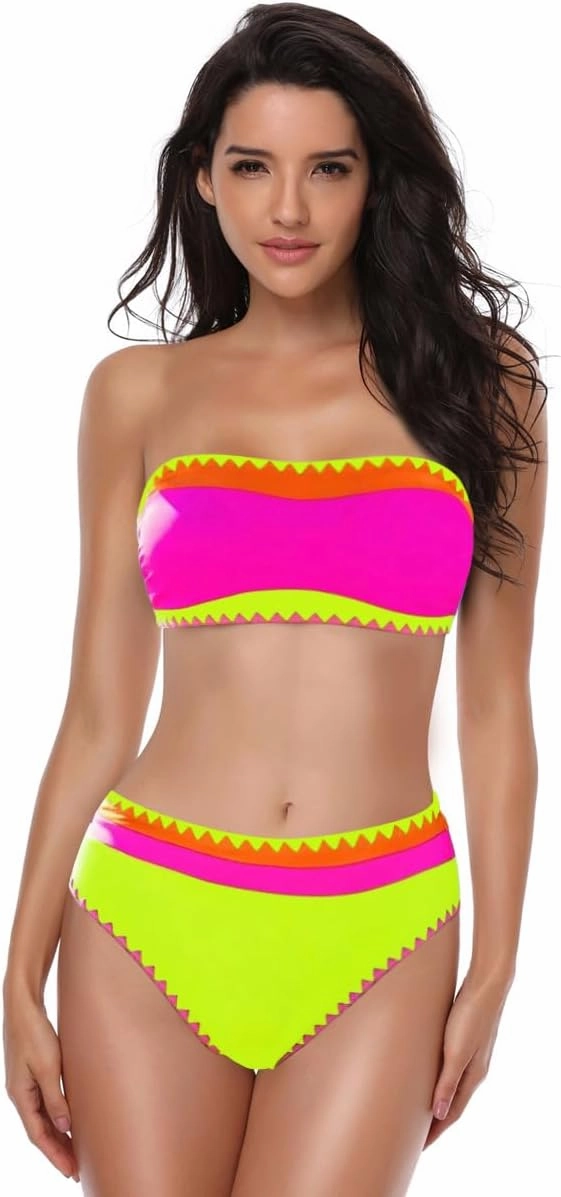 Women's Bandeau Bikini Strapless Bikini Neon Color Block Two Piece Whip Stitch Trim Bathing Suits