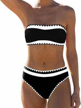 Women's Bandeau Bikini Strapless Bikini Neon Color Block Two Piece Whip Stitch Trim Bathing Suits