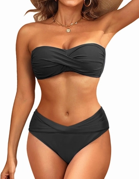 Women's Strapless Bandeau Bikini Set - Twist Front Two Piece Swimsuit with Side Tie Bathing Suit Bottom