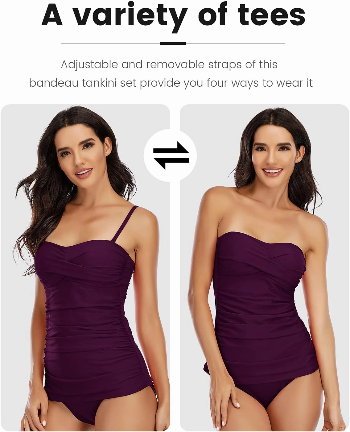 Women's Twist Front Bandeau Tankini Set Two Pieces Ruched Tummy Control Suimsuit with Mid Waist Briefs