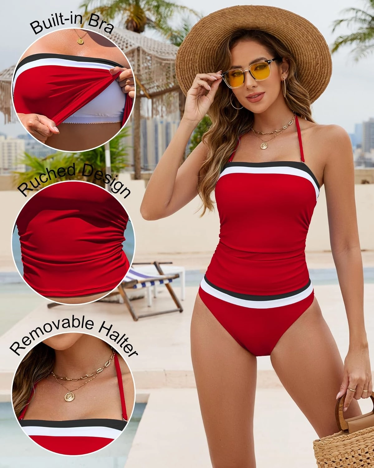 Women Two Piece Bandeau Swimsuit - Bathing Suit Tummy Control Color Block Bikini Set Coverage Strapless Top Tankini