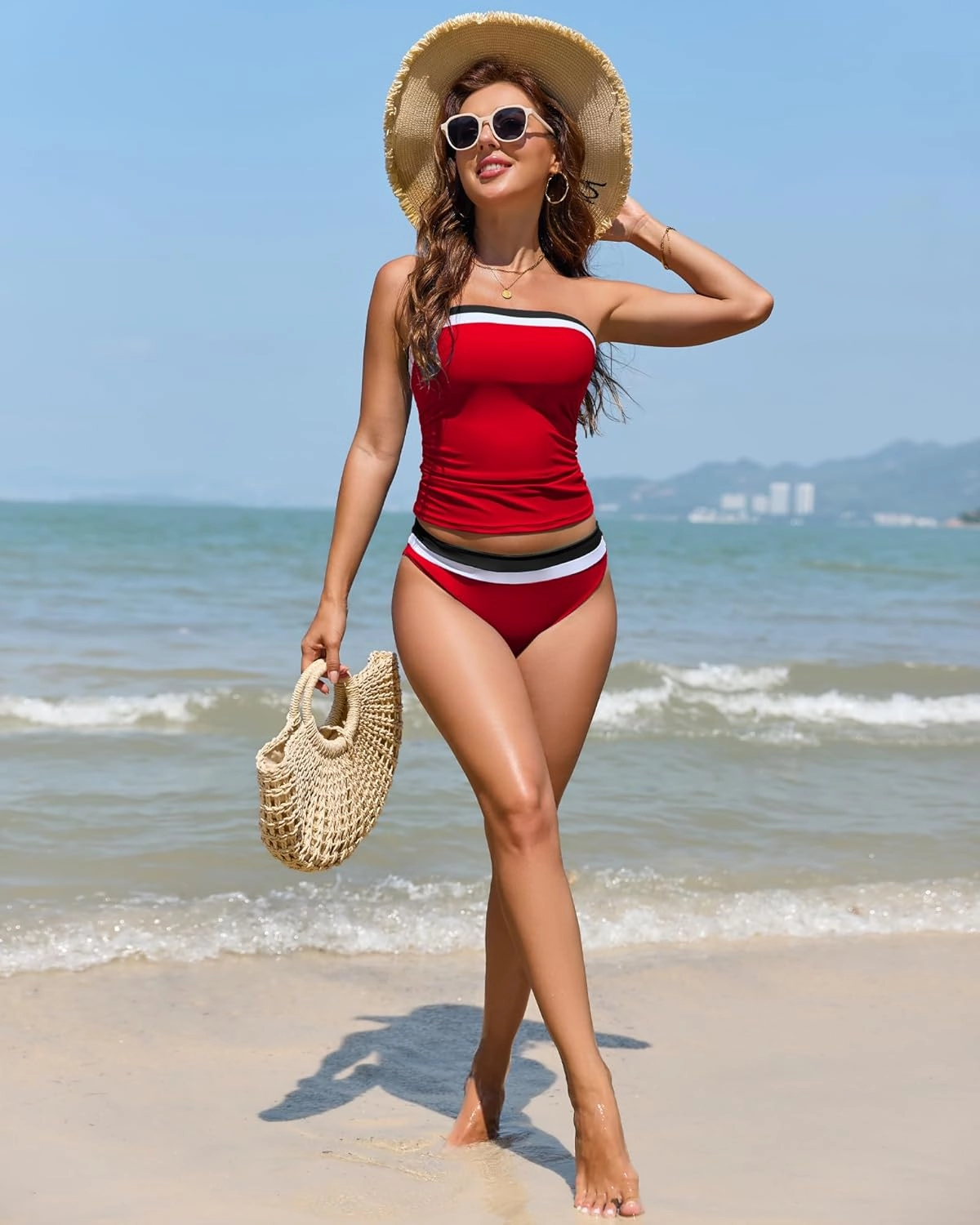 Women Two Piece Bandeau Swimsuit - Bathing Suit Tummy Control Color Block Bikini Set Coverage Strapless Top Tankini