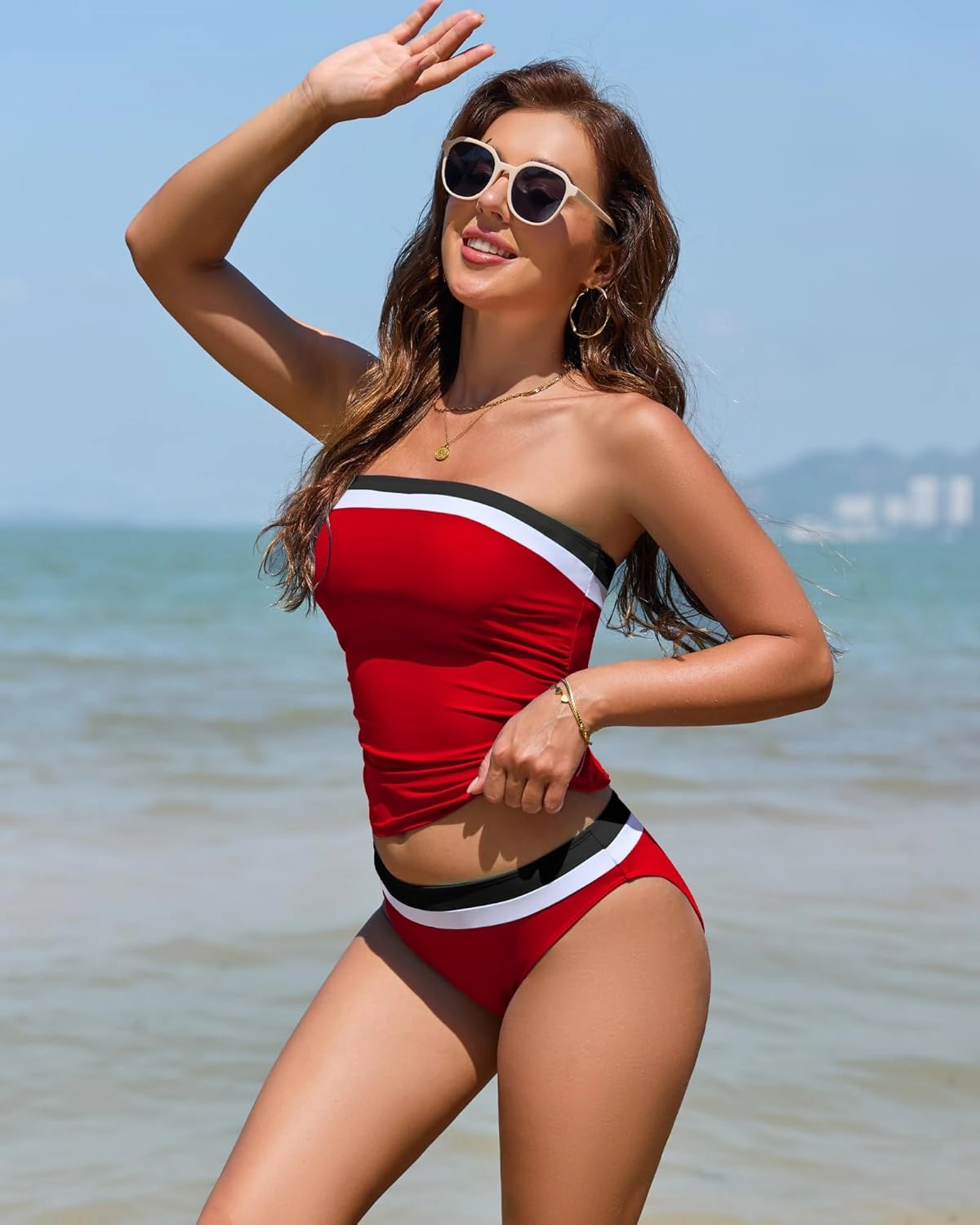 Women Two Piece Bandeau Swimsuit - Bathing Suit Tummy Control Color Block Bikini Set Coverage Strapless Top Tankini