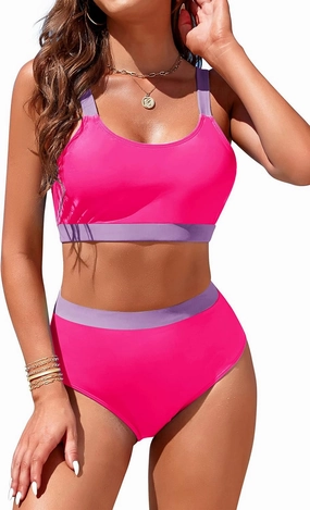 Womens High Waisted Bikini Sets Sporty Crop Top Color Block Swimwear Bandeau Scoop Neck Vintage Two Piece Bathing Suits