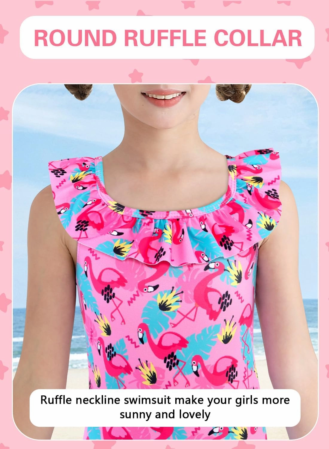 XiaoMoSha Girls Swimsuits Ruffled Round Neck One Piece Bathing Suits Quick Dry UPF 50  Summer Hawaii Swimwear for Kids 3-10T