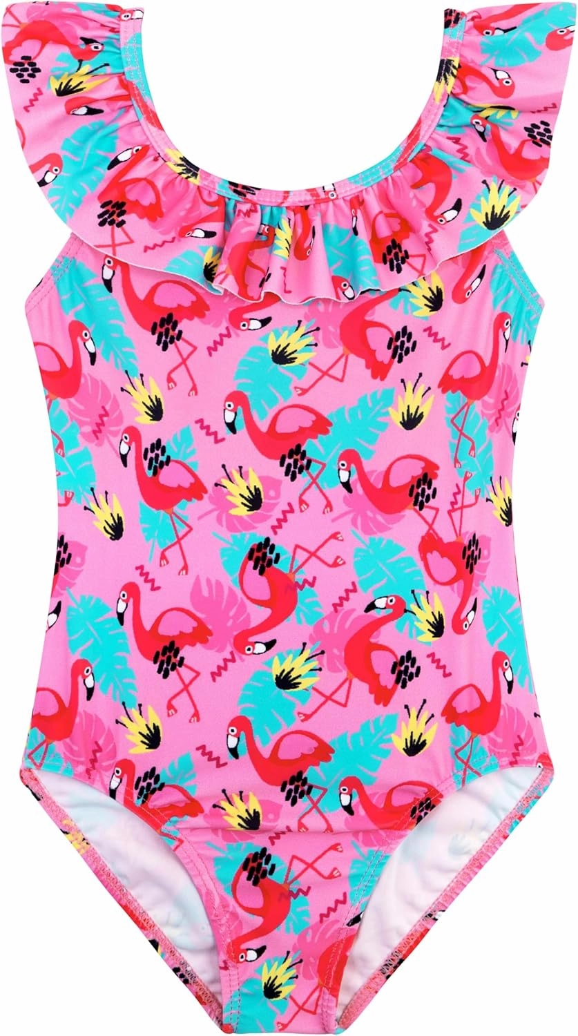 XiaoMoSha Girls Swimsuits Ruffled Round Neck One Piece Bathing Suits Quick Dry UPF 50  Summer Hawaii Swimwear for Kids 3-10T