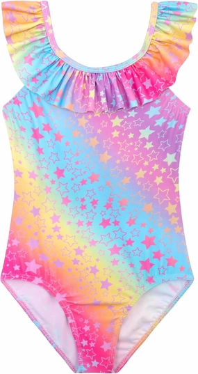 XiaoMoSha Girls Swimsuits Ruffled Round Neck One Piece Bathing Suits Quick Dry UPF 50  Summer Hawaii Swimwear for Kids 3-10T